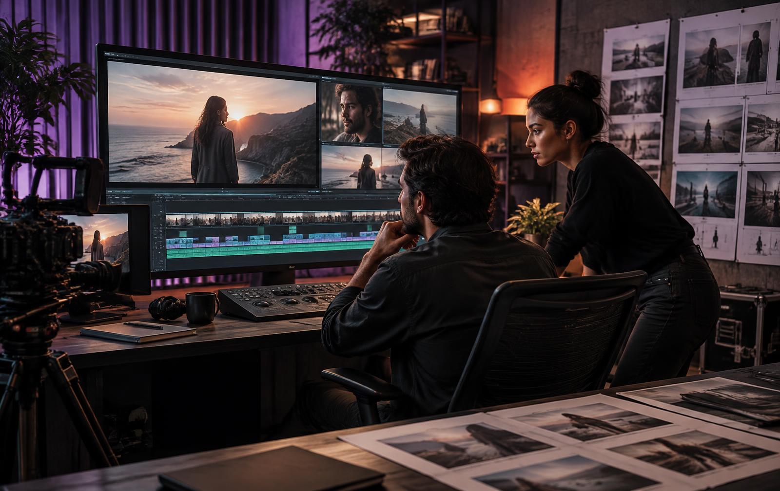 Production team editing a multi-scene cinematic film