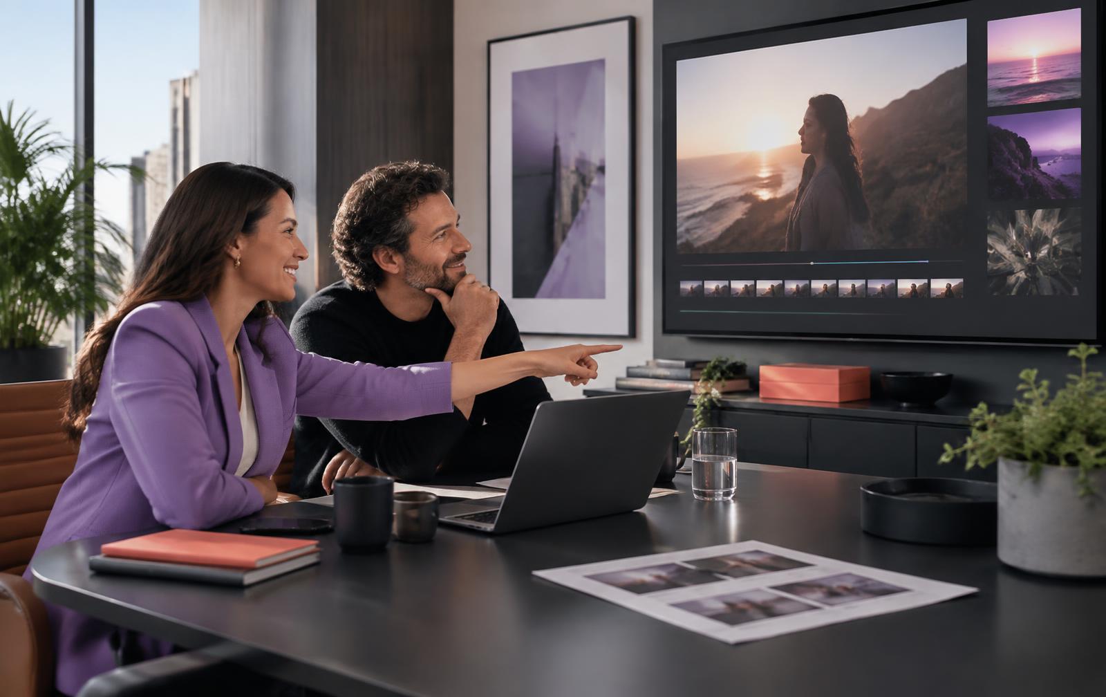 Agency and client reviewing a video in a branded workspace