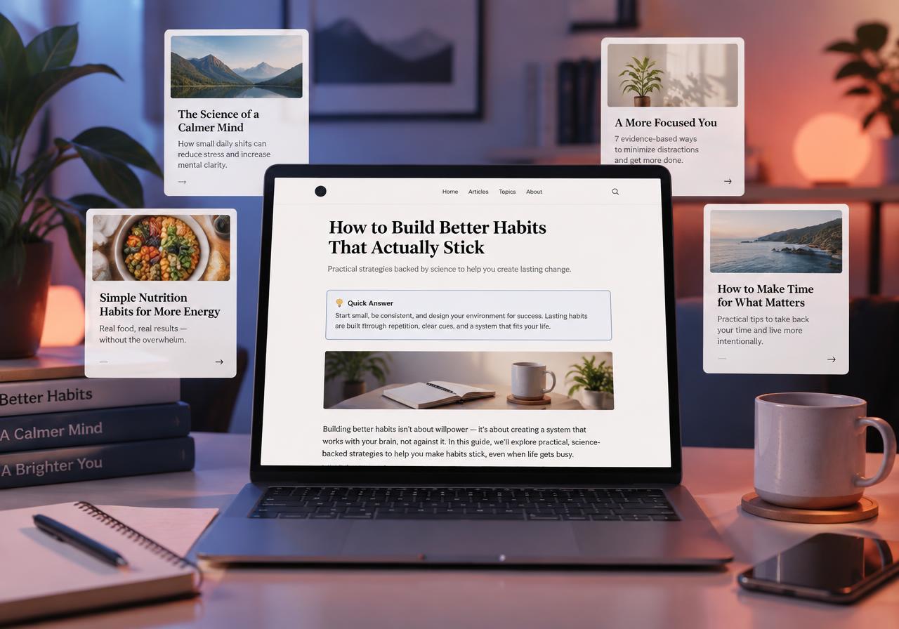 A published article page with a highlighted answer box, surrounded by other published articles