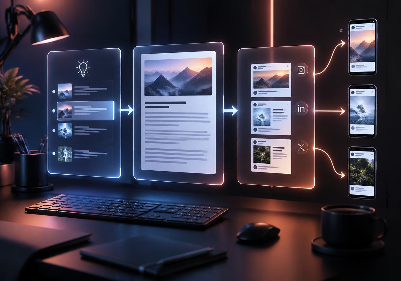 An idea list turning into a written article and social posts going out to phones