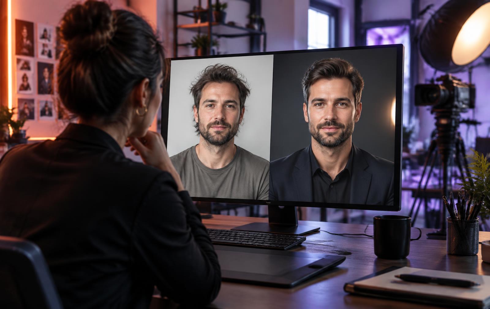 Creative director comparing an authentic portrait with the same identity professionally groomed, dressed and lit