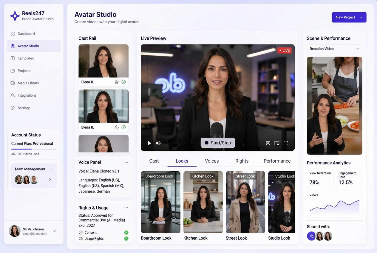 Locked presenter avatar used across every shot of a commercial