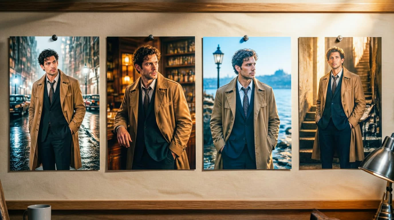 Continuity board with the same character across four scenes