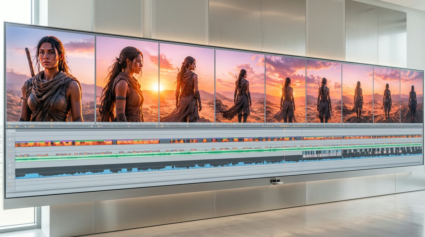 Long-form film library with continuous playback and per-scene status