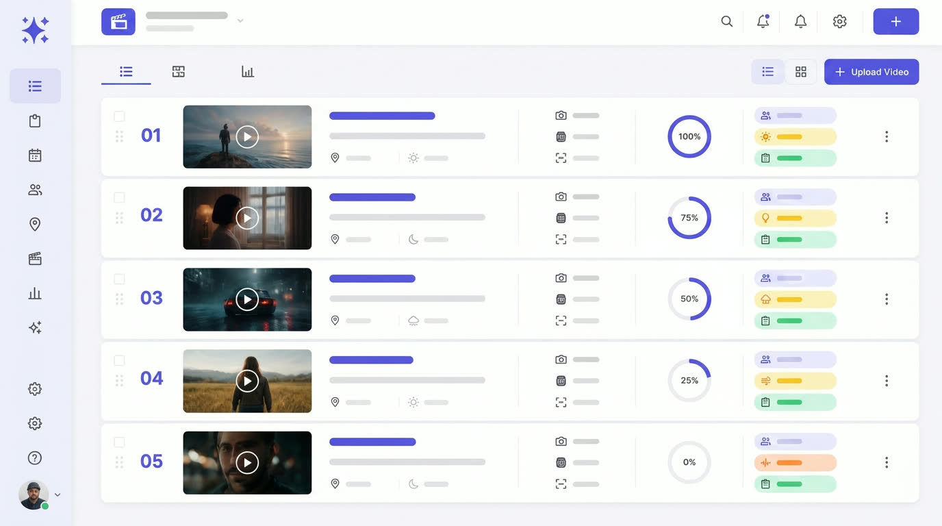 Shot list interface with per-scene render progress