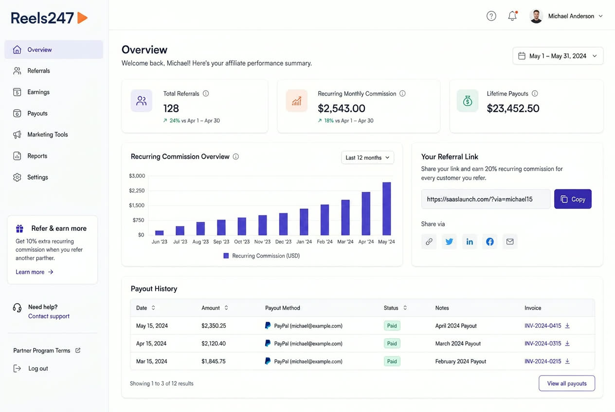 Partner dashboard with referral clicks and commission