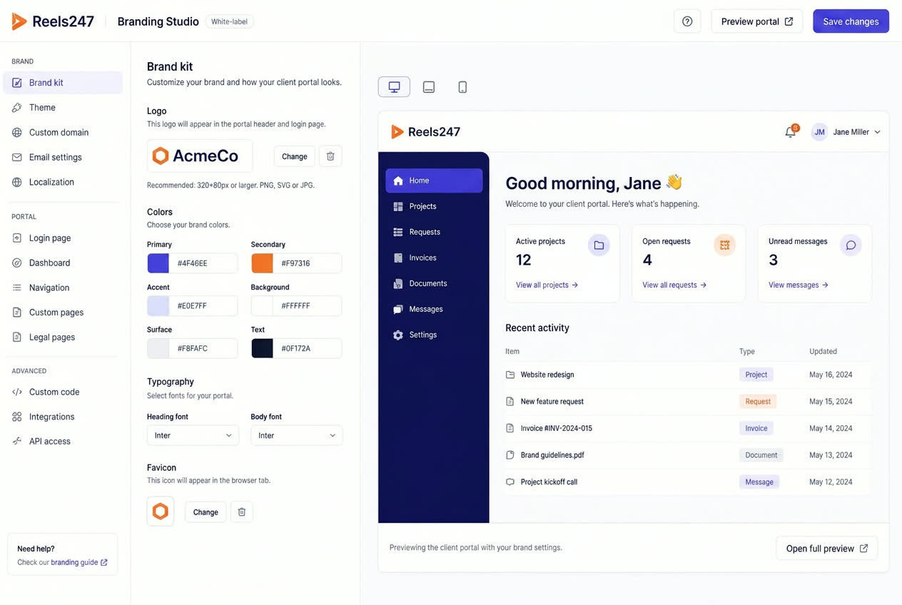 White-label agency portal branded for a client