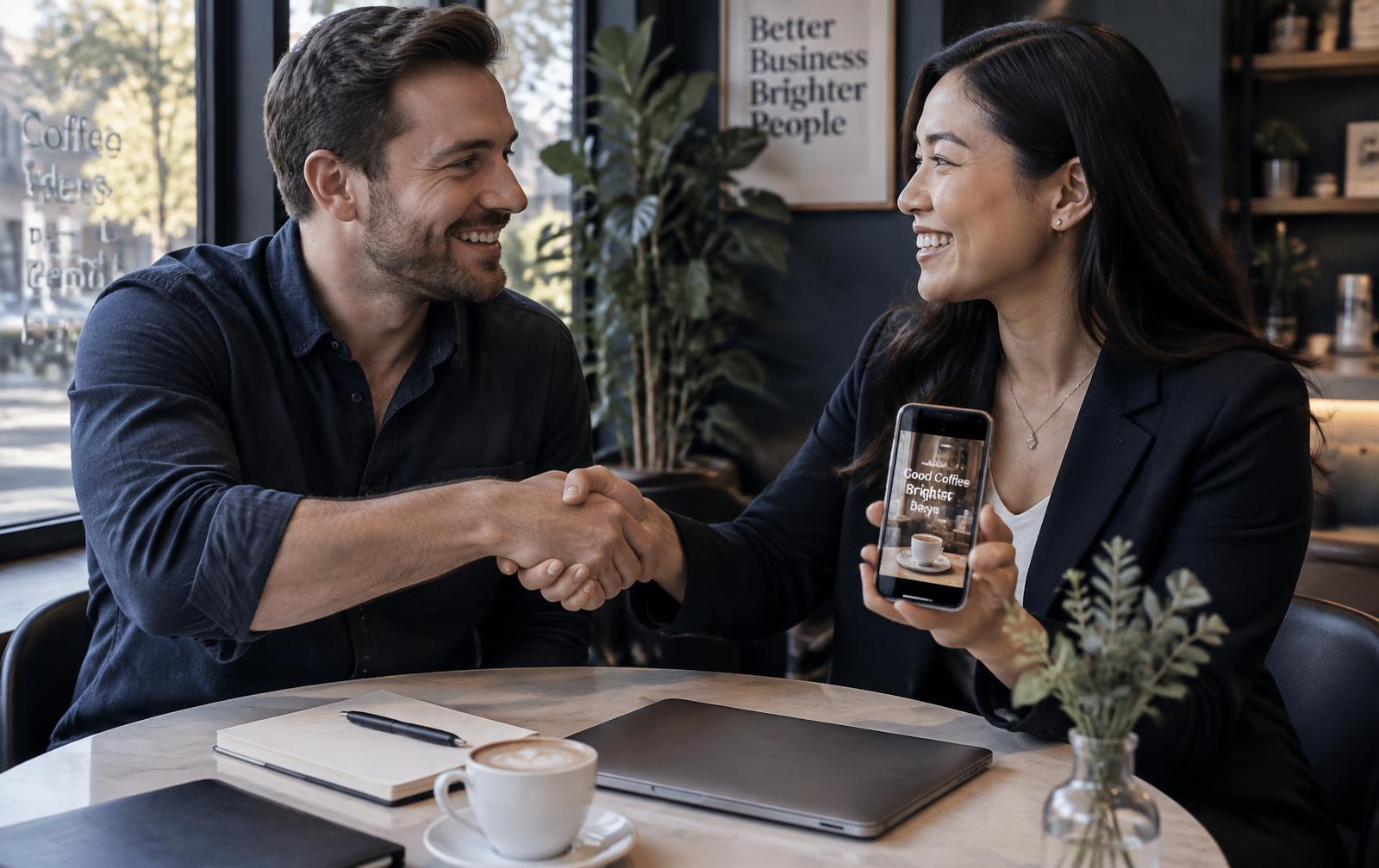 Partner showing a finished vertical video ad to a business owner over coffee