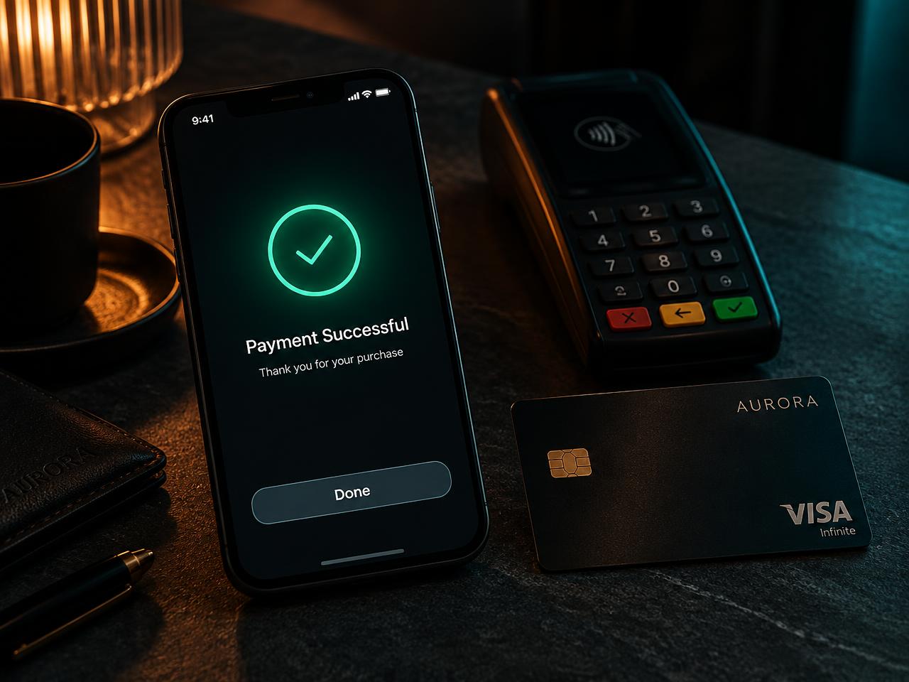 A card payment completing successfully on a phone next to a card reader