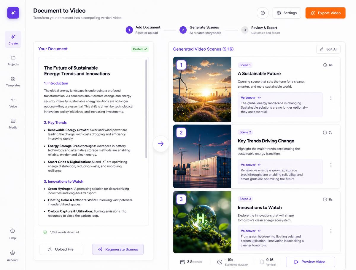 Document to video converter turning a pasted report into three vertical storyboard scenes with voiceover