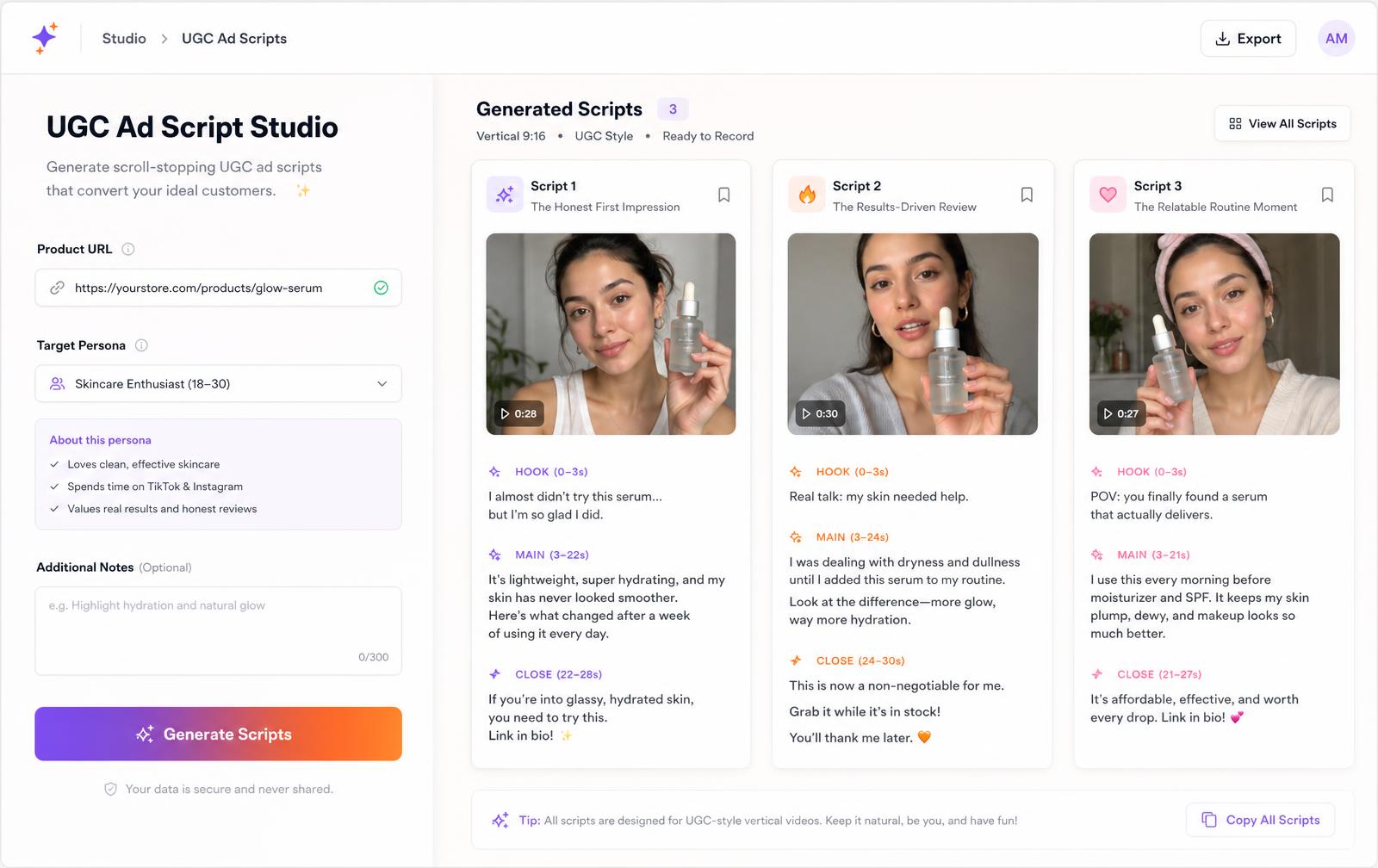 Creative Studios Suite turning a product page link into three vertical UGC ad scripts with preview frames