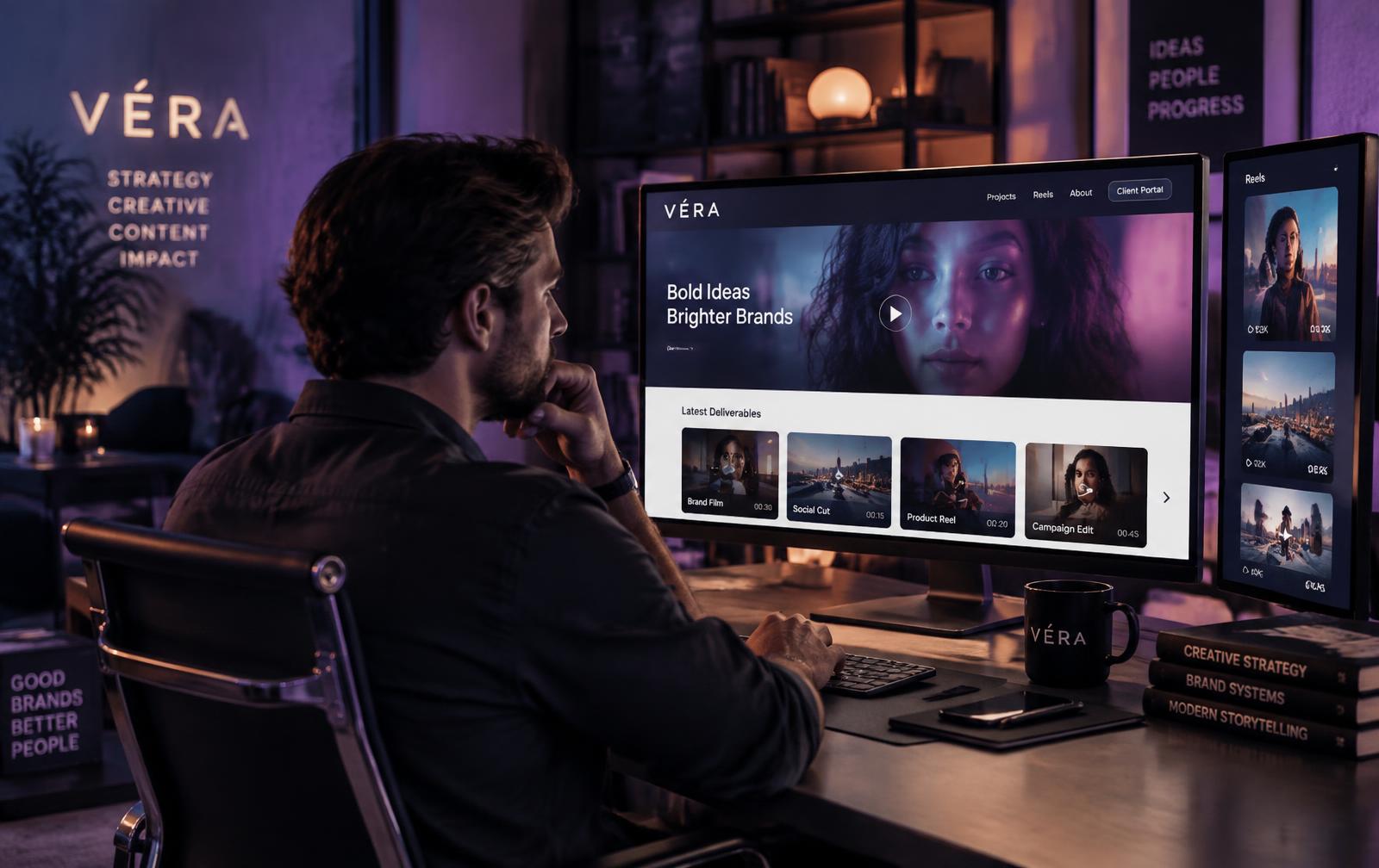 Branded agency video portal on screen in a modern studio